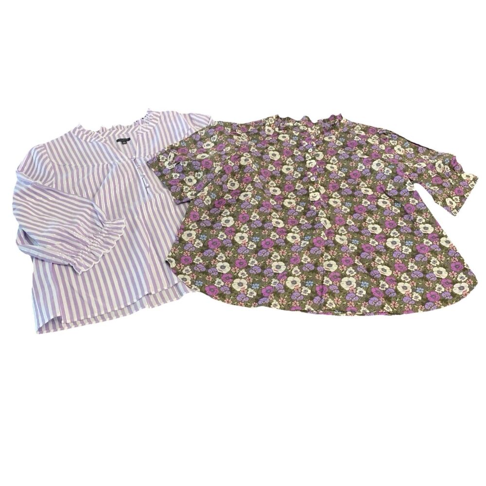 Talbots Popover Tops Set of 2 Purple Striped Green Floral Blouse - XL